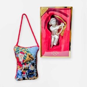 Vtg Lot Of 2 Christmas Ornaments Wool Needlepoint Mini Pillow Lenox Cherub Boxed